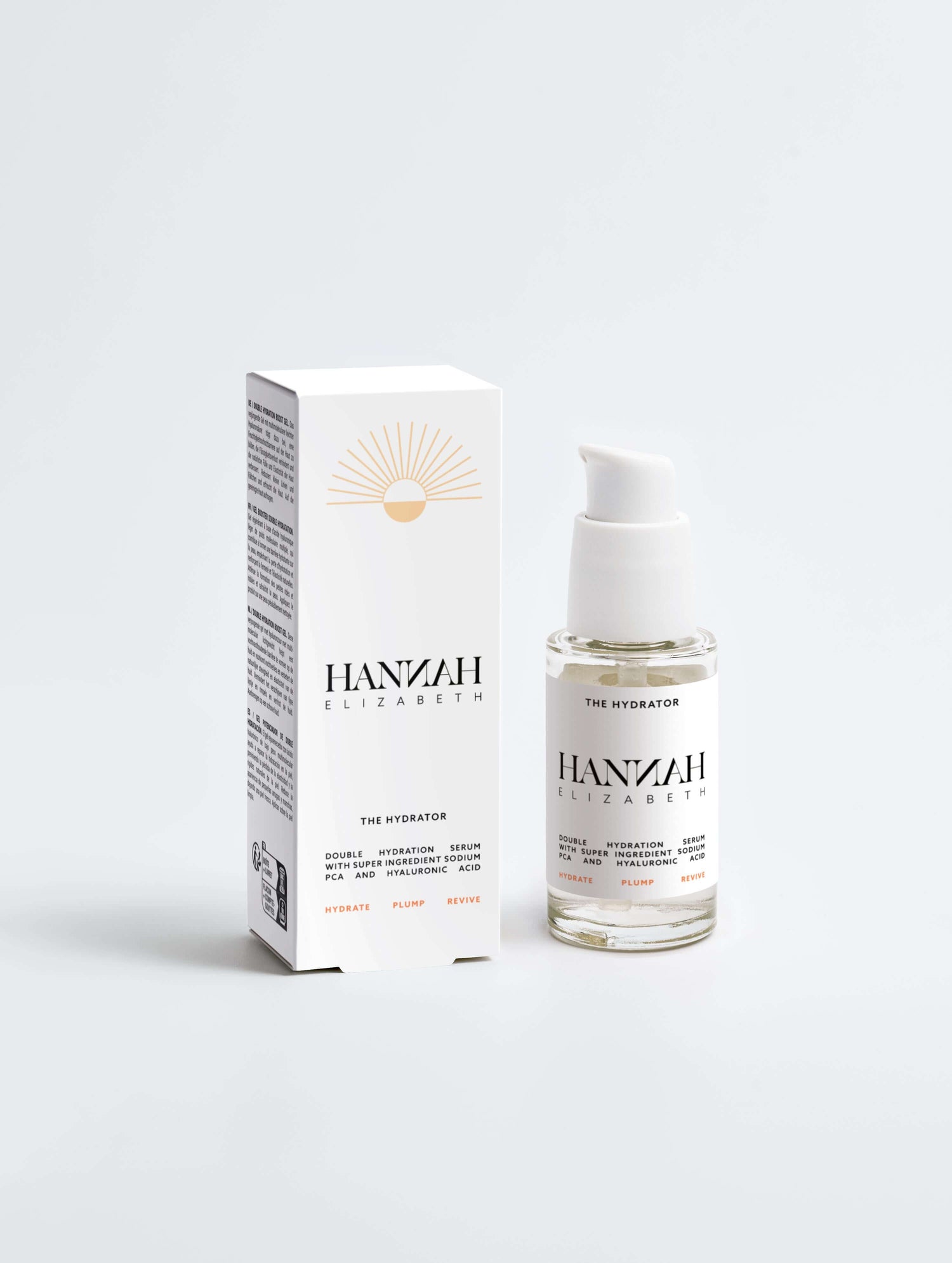 The Hydrator, Hyaluronic acid, sodium PCA facial serum, inner and outer packaging